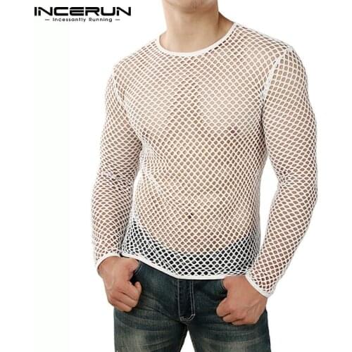 Stylish Handsome New Mens Long Sleeved Tees Party Nightclub Breathable Mesh All-match Simple T-Shirts S-5XL INCERUN Tops 2021