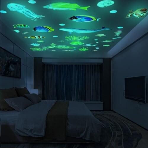 Underwater World Luminous Wall Stickers Glow In The Dark Shark Fish Animal Decals Kids Room Decor Waterproof Bathroom Decoration