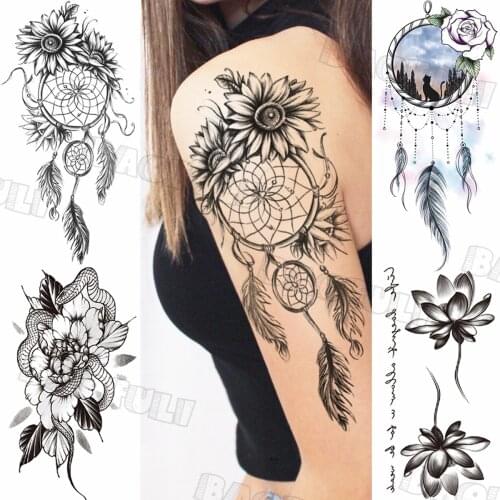 Sunflower Dreamcatcher Temporary Tattoos For Women Adult Feather Snake Fake Tattoo Waterproof Body Art Painting Tatoos Decal