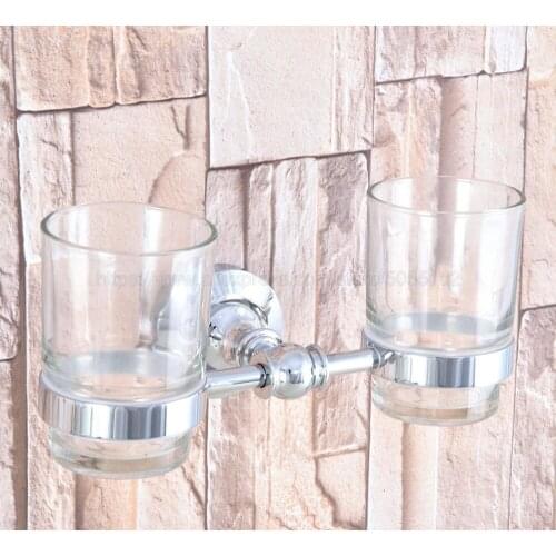 High Quality Bathroom Polished Chrome Toothbrush Holder + Two Glass Cups Wall Mounted Bathroom Accessories zba799