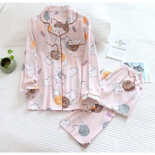 2021 Spring Summer Thin Cotton Satin Pajamas for Women Plus Size Homewear Soft Long Sleeve Home Suit Female Printed Pyjamas Set