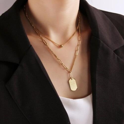 For women Fashion stainless steel gold double chain simple square letter Pendant necklace short clavicle chain female jewelry