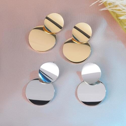 POXAM Korean Unique Drop Earrings For Women Geometric Gold Silver Color Metal Round Earrings 2020 Hanging Dangle Fashion Jewelry