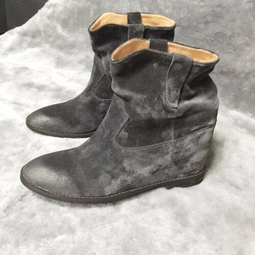 Suede Leather Womens Ankle Boots Shoes Wedge Vintage Boots Genuine Lether Womens Slip On Snow Boots 2019 New Warm Womens Shoes