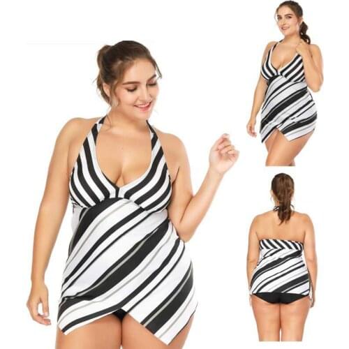 Plus Size Womens Conservative Flat Angle Large Split Black and White Twill Swimsuit Big Yard Swimming High Waist Bikini
