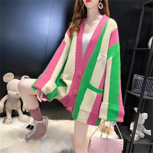 Women Spring Autumn Fashion Korean Striped Colorful Knitted Cardigan Jacket Office Lady Large Size Loose Lazy Style Sweater Coat
