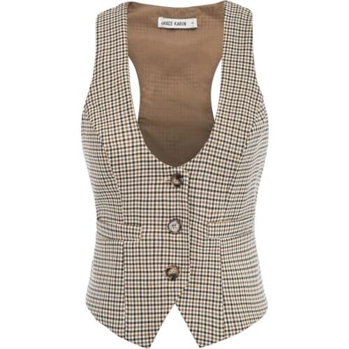 Women Coats Tops Summer Autumn Clothes Stylish Vintage Veck Handkerchief Hem Plaid Sleeveless Buttons Short Jackets Female Lady