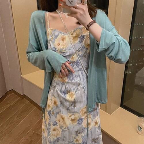 French Retro V-Neck Strap Purple Pink Floral Print Chiffon Dress Womem Vintage Oil Painting Midi Dress Split Casual Long Dress