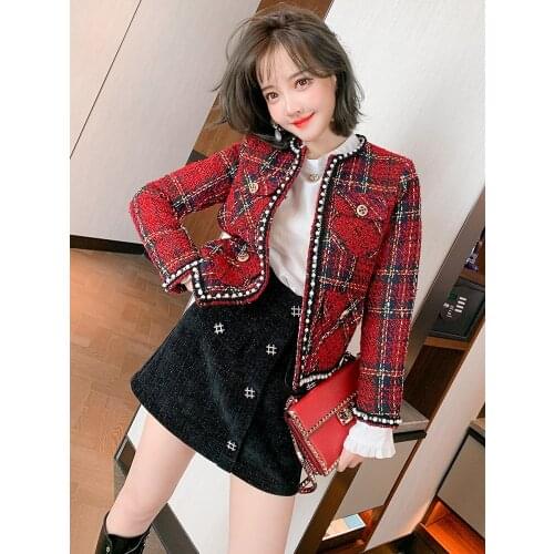 Contrast Plaid tweed blended Beaded round collar versatile coat for women 2021 Spring new High Quality Top Quality