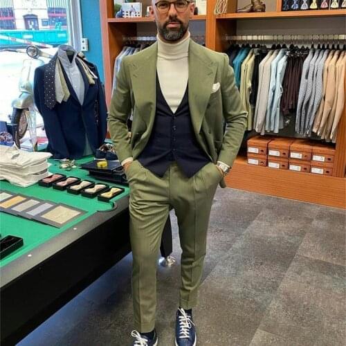 Winter Green Tweed Formal Mens Pants Suits Plus Size Two Button Groom Best Man Coat Business Wedding Blazer (Jacket+Pants)