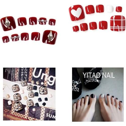 24Pcs French Short False Toenails Square Head Small Fresh White Pattern Design Fake Toenails With Glue Full Cover