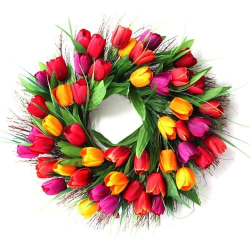 40cm Floral Artificial Tulip Wreath Door Hanging Wall Window Decoration Wreath Holiday Festival Wedding Home Decorative Ornament