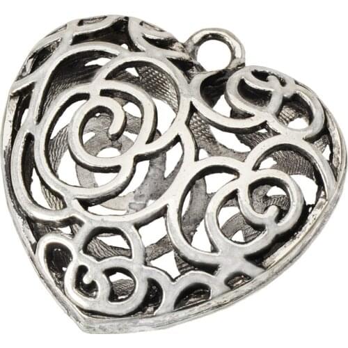 Accessories For Bracelets Heart Charms Pendant Berloques Swell 35mm Big Rose Hollow Metal 6pcs Wholesale Lots Of Jewelry Fitting