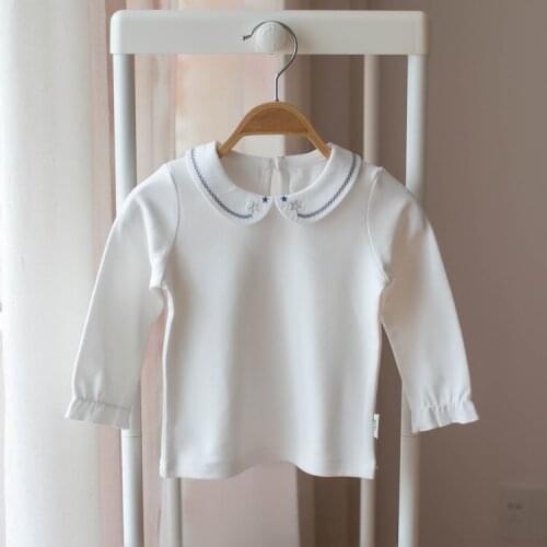 Baby Girls White T Shirt Infant Kids Girl Long Sleeved Cotton Blouse Tops Tee Shirts Kids Peter Pan Collar Star Toddler Colthes