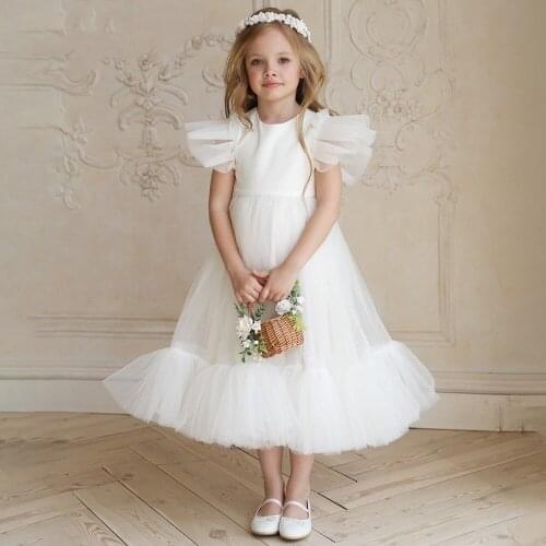 White Kids Communion Dresses Lace Short Sleeve Girl Pageant Dresses Pleated Tulle Flower Girl Dresses Little Bride Baptism Dress