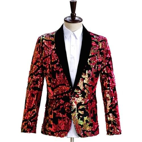 Men Fashion Shawl Lapel Red Gold Sequins Blazer Star Concert Men Singer Glitter Suit Jacket Host Evening Party Formal Tuxedo