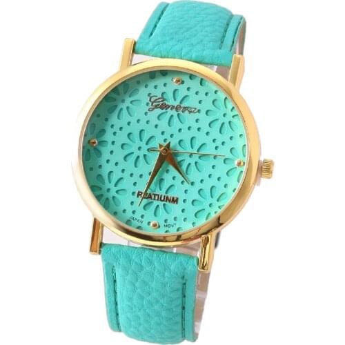 NEW Geneva Retro Pu Leather Watch Retro Golden Hallowed Flowers Wristwatch Fashion Watch Quartz Watch Woman Watch 8 Colors