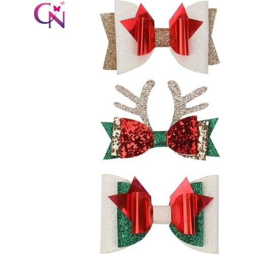 CN 2Pcs/lot 3" Christmas Hair Accessories Hair Clips For Girls Kids Glitter Antlers Swallowtail Hair Bows Christmas Gifts