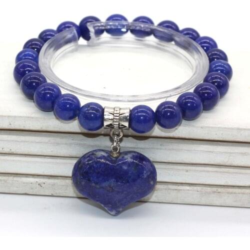 Trendy-beads Silver Plated Lapis Lazuli Cute Heart Connect 8 mm Round Beads Stretchy Bracelet