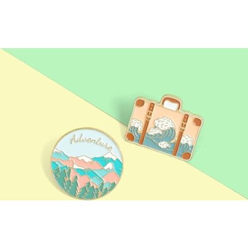 Adventure Outdoors Enamel Pins Suitcase Round Mountains Oceans Wave Brooches Backpack Clothes Lapel Pin Badges Jewelry Gift