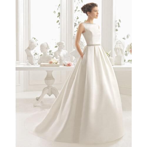 Beauty-Emily Hot sale Ivory Stain Wedding Dresses 2019 Floor-Lenth Court Train O-Neck Backless Bridal Gown Party Dresses