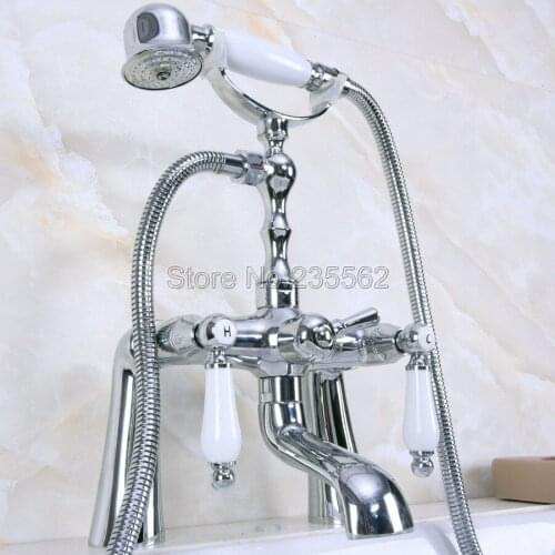 Chrome Deck Mount Dual Handle Clawfoot Bathroom Handheld Shower Faucet Set Bathtub Mixer Tap lna110