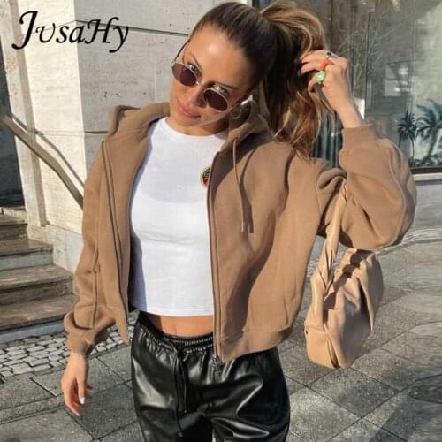 JuSaHy Autumn Casual Solid Hoodie Jacket Fashion Harajuki Style Simple Long Sleeves Zipper Coat Streetwear Female Outfits New