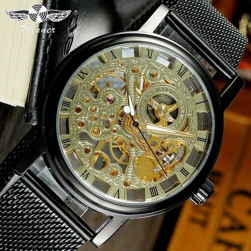 Winner 2019 Relogio Masculino Mechanical Watch Mens Golden Skeleton Transparent Slim Steel Mesh Band Casual Watches Reloj Hombre