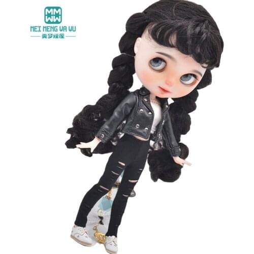 Fashion New leather jacket, ripped pants fits Blyth doll Azone OB23 OB24 doll accessories