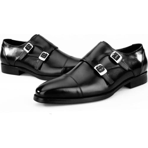Fashion Black / Blue Double Monk Strap Shoes Mens Business Dress Shoes Genuine Leather Office Shoes Male Wedding Groom Shoes
