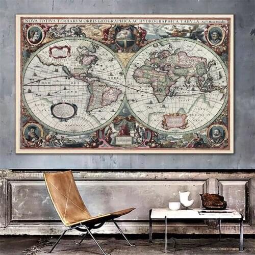 Retro World Map Nautical Ocean Map Canvas Painting Map World Posters and Prints Wall Art Picture for Living Room Home Decoration