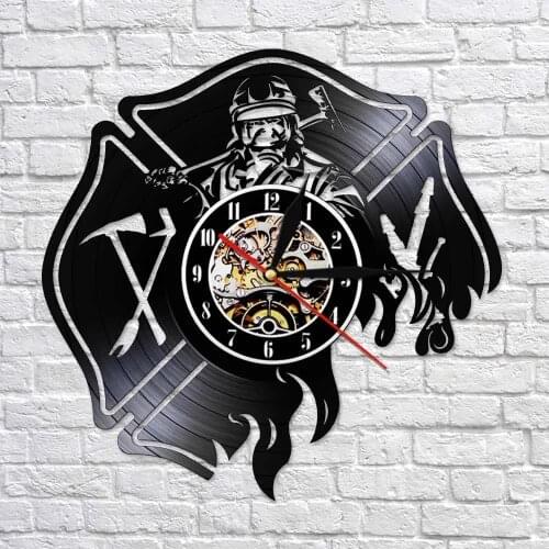 Firefighter Hero Inspired Vinyl LP Wall Clock Firemen Outfiring Tools Timepiece With LED Backlight Fire Department Hanging Decor