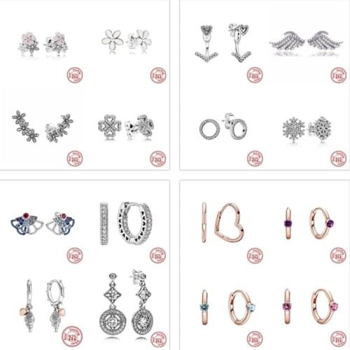 2021 New 925 Silver Earring Heart Flowers Feather Zircon Earrings Fit Original Brand Charm Women Girls DIY Fashion Jewelry Gifts