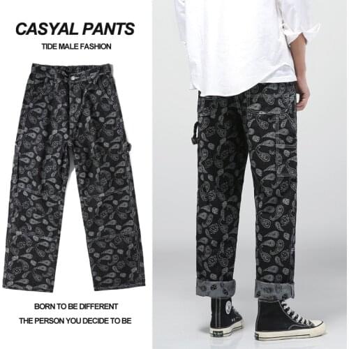 2021 summer new brand mens loose casual all-match jacquard jeans fashion trend straight high street lattice wide-leg pants