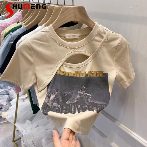 2021 Summer New Hollow-out Short-Sleeved Slim-Fit Short Letter Hot Girl Sexy Top Ins T-shirt for Women