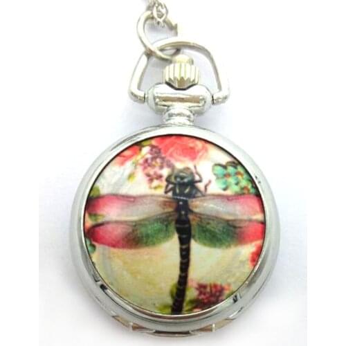 New Fashion quartz dragonfly enamel pattern woman pendant Necklace pocket watches gift