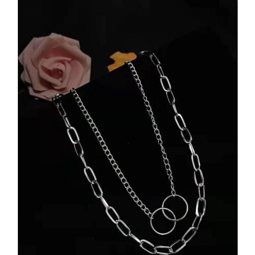 2021 new multi-layer double ring buckle necklace creative personality simple alloy square thick chain temperament accessories