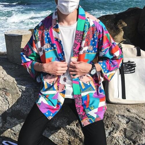 Summer mens Comic pattern Japanese Style Kimono Jacket mens Sunscreen thin Cardigan Casual 3/4 sleeve Robe outwear Hanfu Top