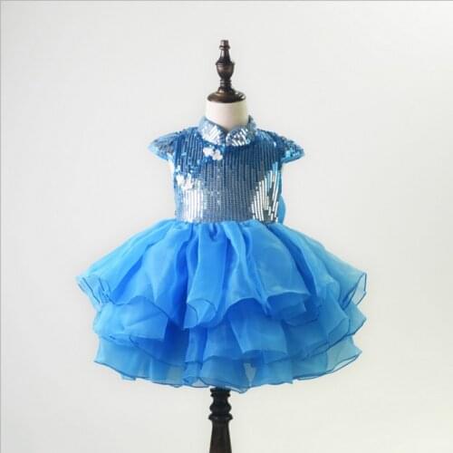 Girls Party Dress Princess Kids Baby Fancy Wedding Dress Sequined Birthday Layered Dress For Kids Clothes blue 3-9Y