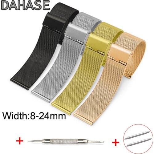 8 10 12 13 14 15 16 17 18 19 20 21 22 23 24mm Stainless Steel Watch Band ML Metal Meshed Strap w Fold Buckle Release Pins
