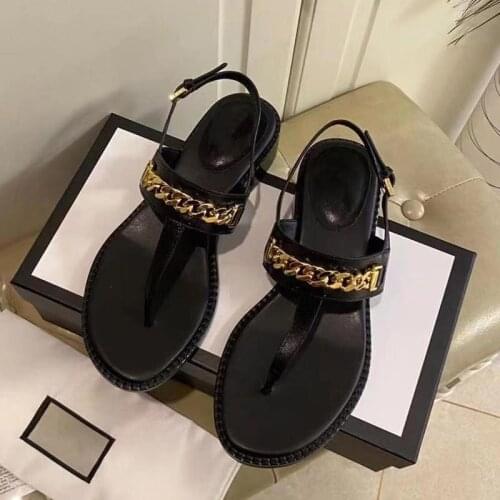Chain Decor Sandals Women Flip Flops Genuine Leather Shoes Low Heels Ladies Casual Shoes Summer Beach New Designer Luxury Brand