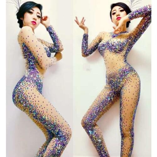 Sexy Bodysuit Performance Party Celebrate Nightclub Singer Jazz DJ Dance Costumes Sparkly Rhinestones Rompers Womens Jumpsuit