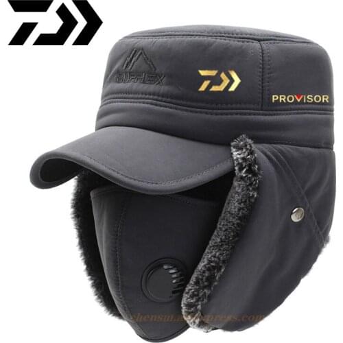 DAIWA Winter Fur Warm Windproof Fishing Hat Men Women Lei Feng Cap Bomber Faux Fur Ear Flap Cap Black Ski FCold Anti-snow Cap