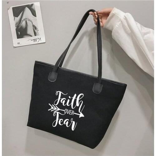 Gift for Christian Friends Bag Women Funny Canvas Tote Bag Shoulder Go to Church Bag Handbag Faith Over Fear Printed Work Bag