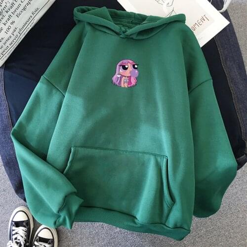 2021 Kpop Hoodies Winter Powerpuff Girl print Thick Hoodie Fleece Big Size Sweatshirt Bat sleeve Hoodie Pocket Cheap Clothes Top