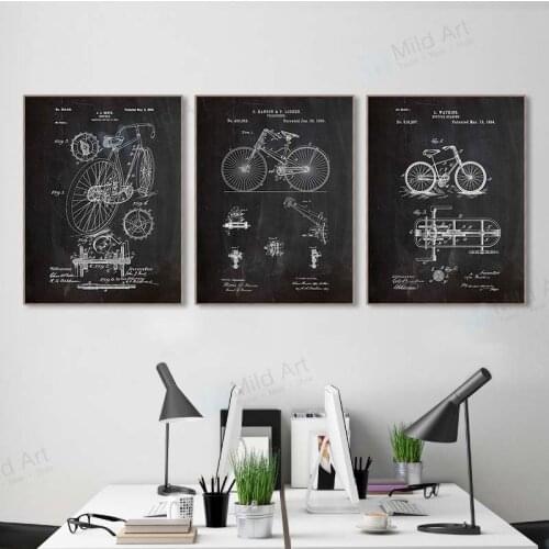 Vintage Blackboard Bicycle Drawings Bicycle Patent Living Room Wall Paintings Cuadros Decoracion Dormitorio Sports Sketch Canvas