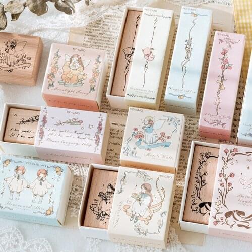 Vintage Tulip Flower Vine Fairy Bear Decoration Stamp Wooden Rubber Stamps For Scrapbooking Stationery DIY Craft Standard Stamp