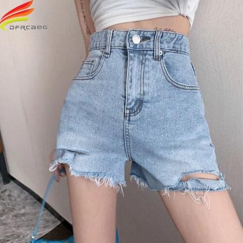 Summer 2020 New Womens Denim Shorts With Pockets Hole Korean Fashion Street Wear Lady Short Jeans High Waist Short Femme