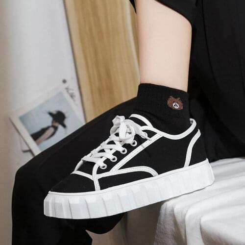 QWEEK Sneakers 2021 Women Black White Platform Flat Casual Canvas Sport Shoes Korean Vulcanize Rubber Athletic Basket Trainers