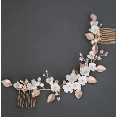 Floralbride Handmade Ins Style Ceram Flower Leaf Crystal Bridal Hair Comb Chain Wedding Headdress Hair Accessory Women Jewelry